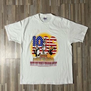 Vintage 90s 1996 Olympics Looney Tunes White T-shirt Size XL Bugs Bunny USA SS